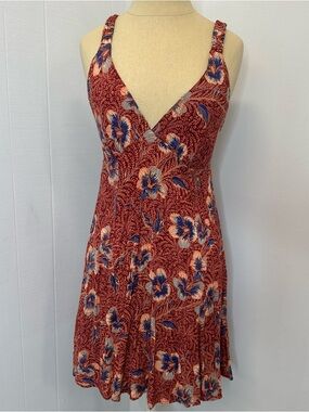 Angie Small Floral V-Neck Sundress in Rust Red Adjustable Straps Mini Dress